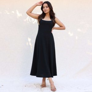 Noir Muse Contrast-Trim Midi Dress